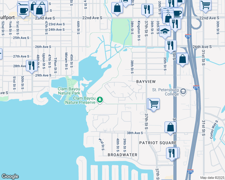 map of restaurants, bars, coffee shops, grocery stores, and more near 3218 40th Way South in St. Petersburg