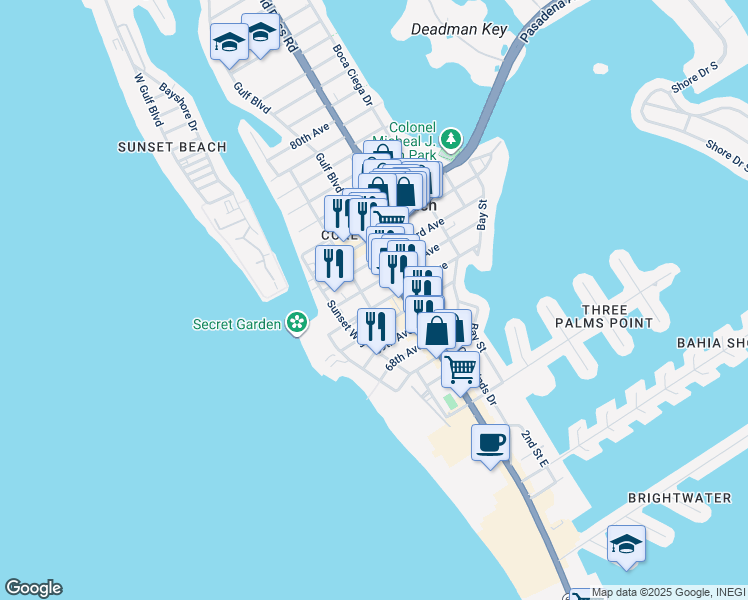 map of restaurants, bars, coffee shops, grocery stores, and more near 505 71st Avenue in St. Pete Beach