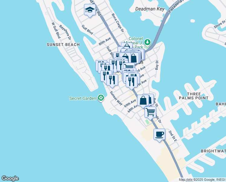 map of restaurants, bars, coffee shops, grocery stores, and more near 605 72nd Avenue in St. Pete Beach