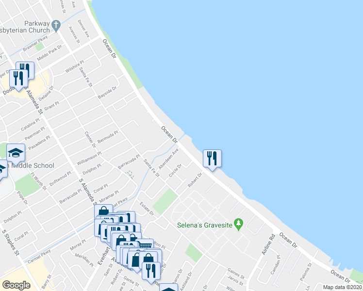 map of restaurants, bars, coffee shops, grocery stores, and more near 4224 Ocean Drive in Corpus Christi