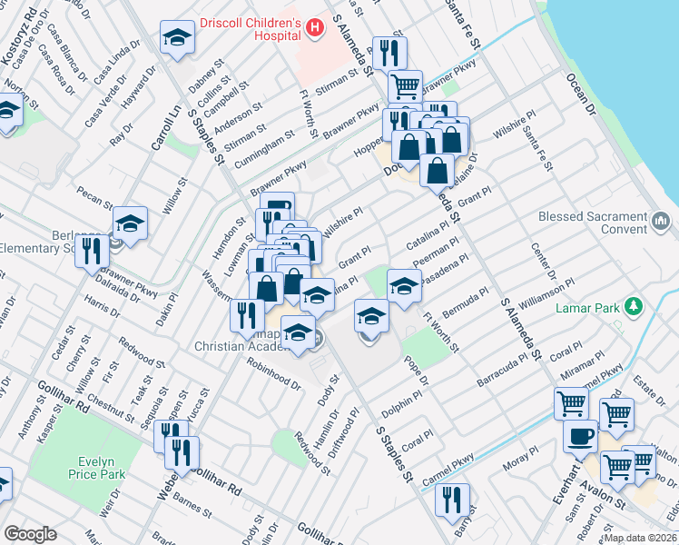 map of restaurants, bars, coffee shops, grocery stores, and more near 937 Grant Place in Corpus Christi