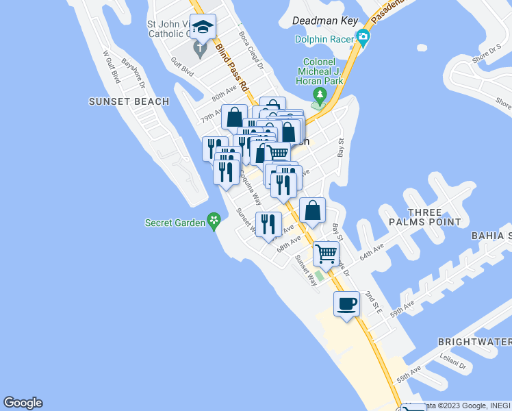 map of restaurants, bars, coffee shops, grocery stores, and more near 608 72nd Avenue in Saint Pete Beach