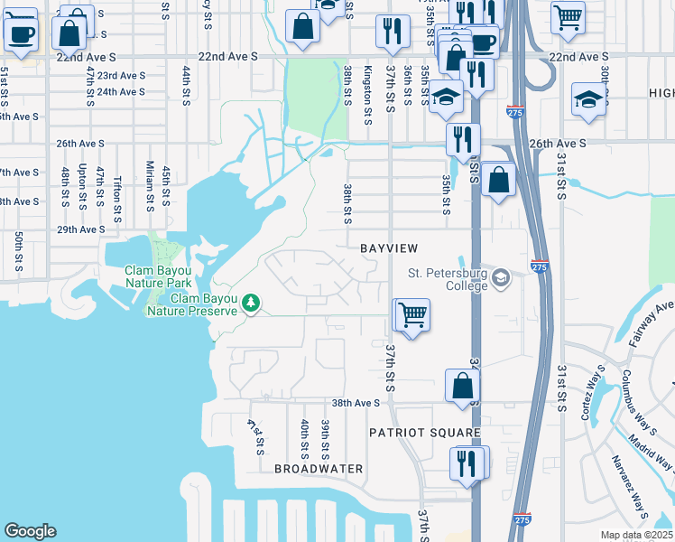 map of restaurants, bars, coffee shops, grocery stores, and more near 3202 39th Street South in St. Petersburg