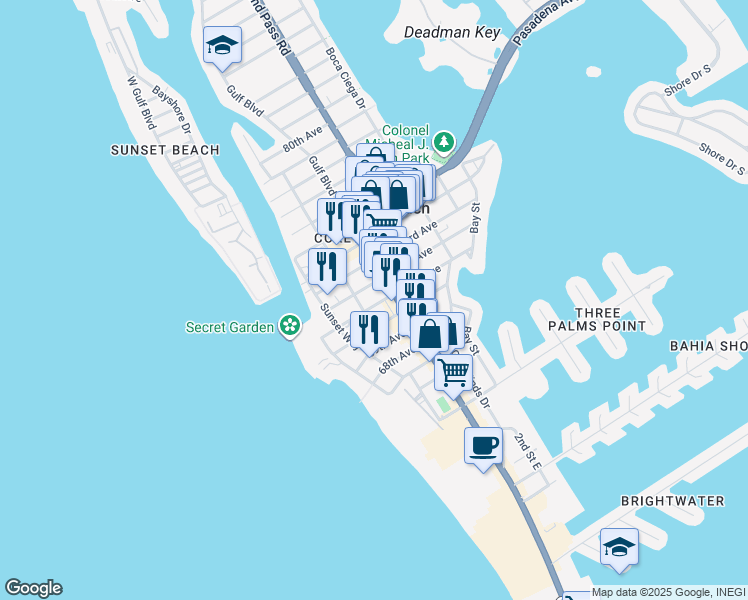 map of restaurants, bars, coffee shops, grocery stores, and more near 505 71st Avenue in St. Pete Beach