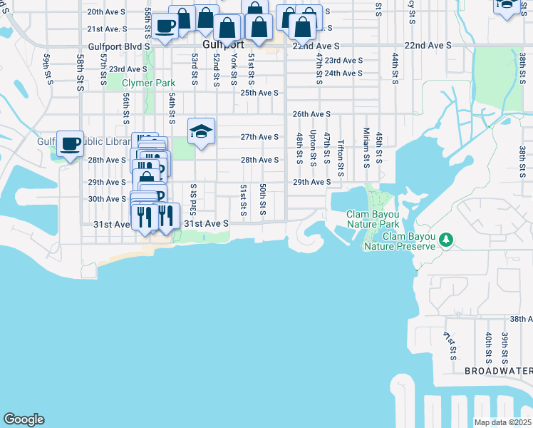 map of restaurants, bars, coffee shops, grocery stores, and more near 3044 50th Street South in Gulfport