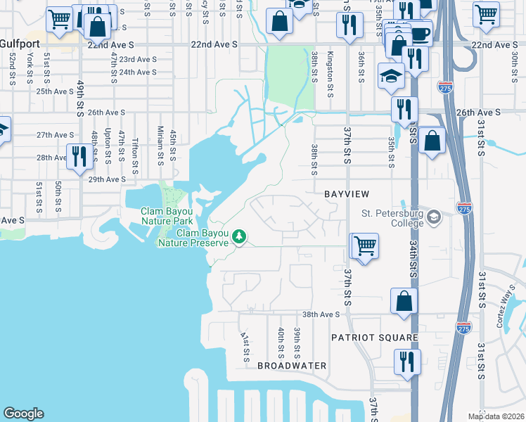 map of restaurants, bars, coffee shops, grocery stores, and more near 3229 40th Lane South in St. Petersburg