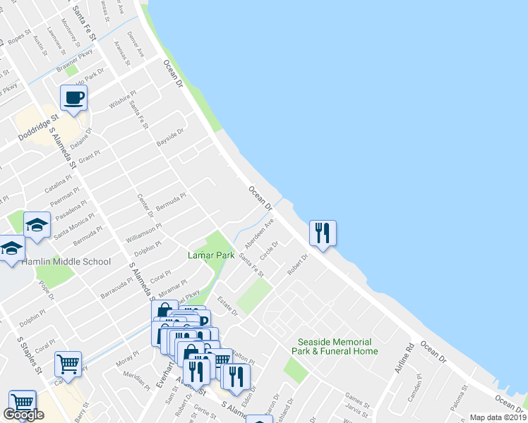 map of restaurants, bars, coffee shops, grocery stores, and more near 4221 Ocean Drive in Corpus Christi