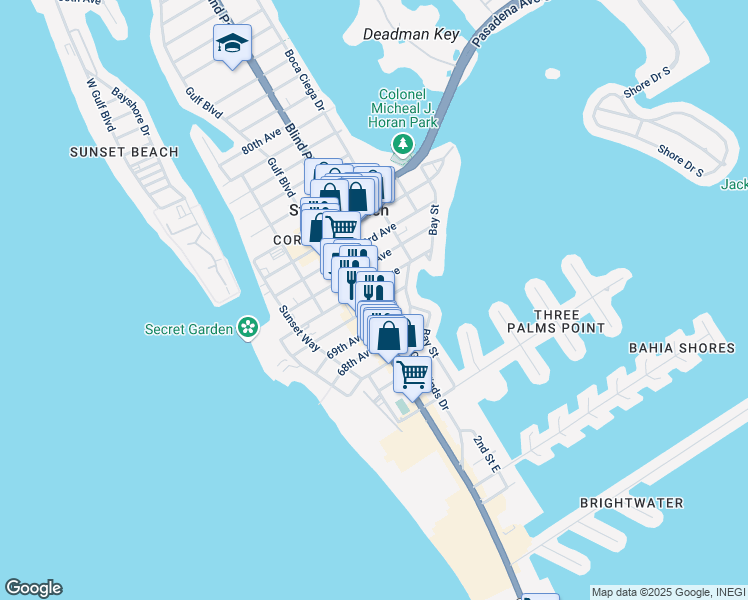 map of restaurants, bars, coffee shops, grocery stores, and more near 429 70th Avenue in St. Pete Beach