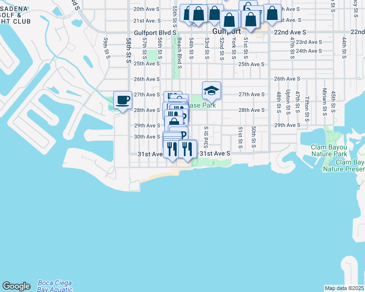 map of restaurants, bars, coffee shops, grocery stores, and more near 5409 Delette Avenue South in Gulfport