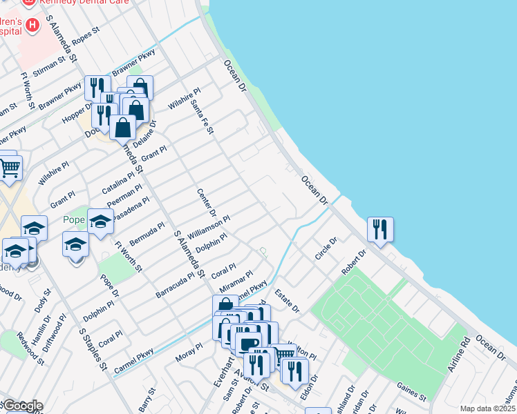 map of restaurants, bars, coffee shops, grocery stores, and more near 301 Williamson Place in Corpus Christi