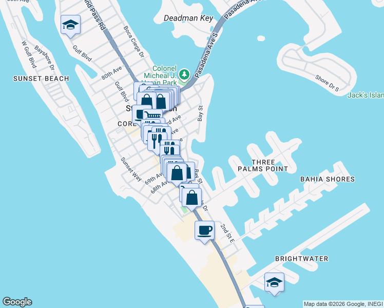 map of restaurants, bars, coffee shops, grocery stores, and more near 340 70th Avenue in St. Pete Beach
