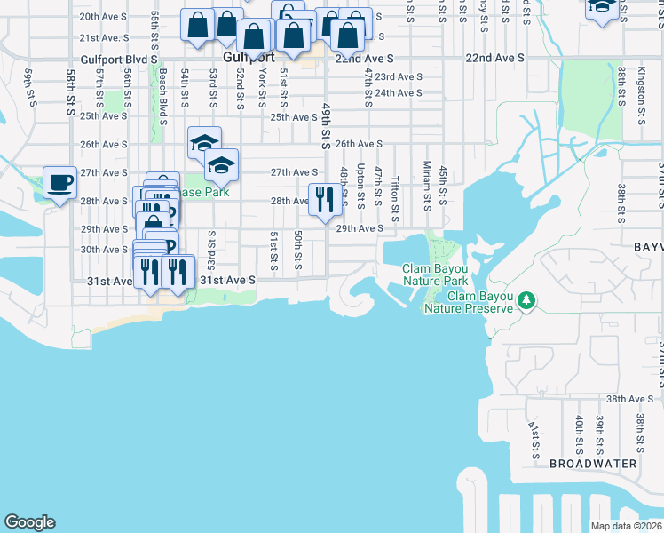 map of restaurants, bars, coffee shops, grocery stores, and more near 4824 Del Rio Way South in Gulfport