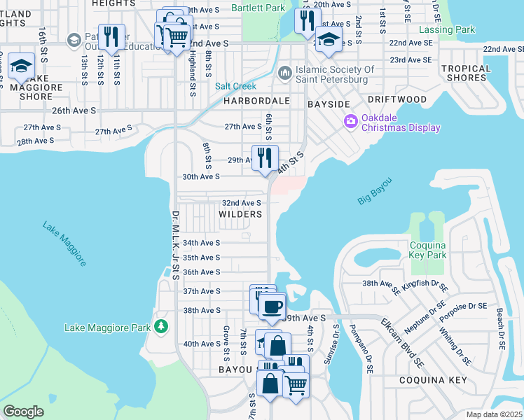 map of restaurants, bars, coffee shops, grocery stores, and more near 600 32nd Avenue South in Saint Petersburg