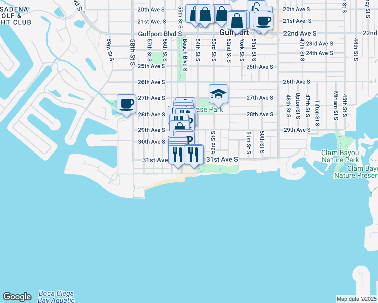 map of restaurants, bars, coffee shops, grocery stores, and more near 5409 Delette Avenue South in Gulfport