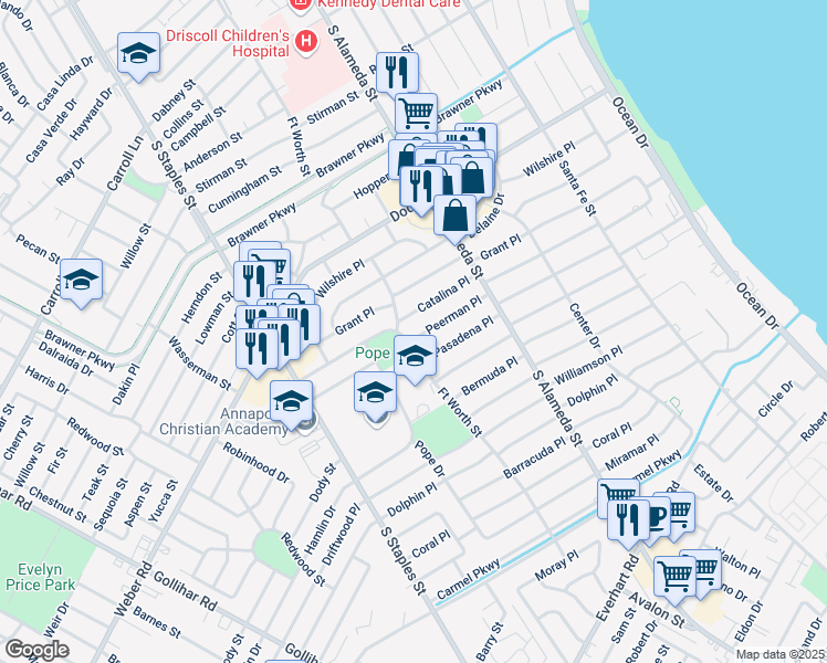 map of restaurants, bars, coffee shops, grocery stores, and more near 626 Peerman Place in Corpus Christi