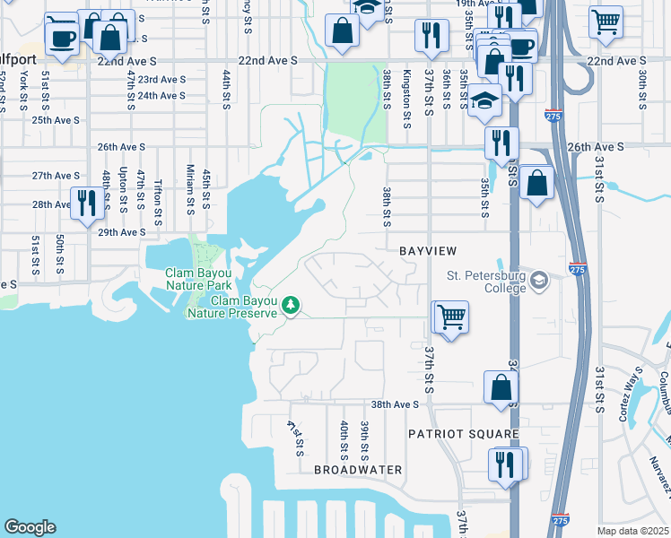 map of restaurants, bars, coffee shops, grocery stores, and more near 3218 40th Way South in St. Petersburg