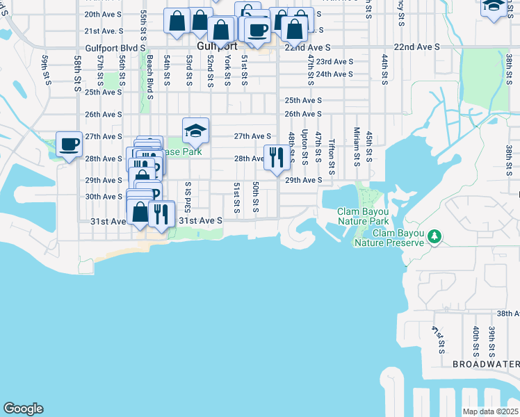 map of restaurants, bars, coffee shops, grocery stores, and more near 3030 50th Street South in Gulfport