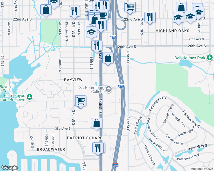 map of restaurants, bars, coffee shops, grocery stores, and more near 3301 32nd Avenue South in St. Petersburg