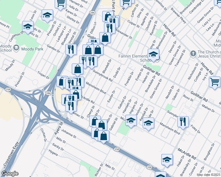 map of restaurants, bars, coffee shops, grocery stores, and more near 4726 Dodd Drive in Corpus Christi