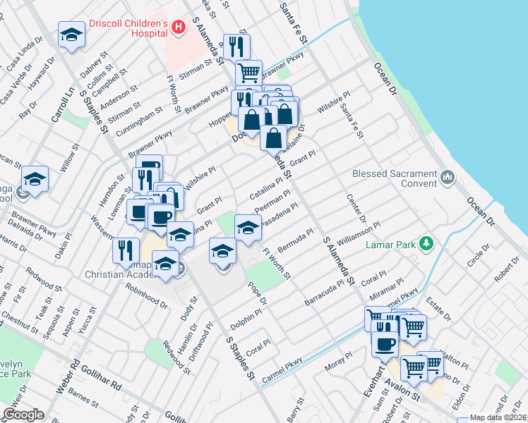 map of restaurants, bars, coffee shops, grocery stores, and more near 617 Peerman Place in Corpus Christi
