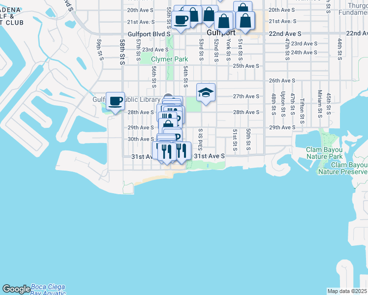 map of restaurants, bars, coffee shops, grocery stores, and more near 5409 Delette Avenue South in Gulfport