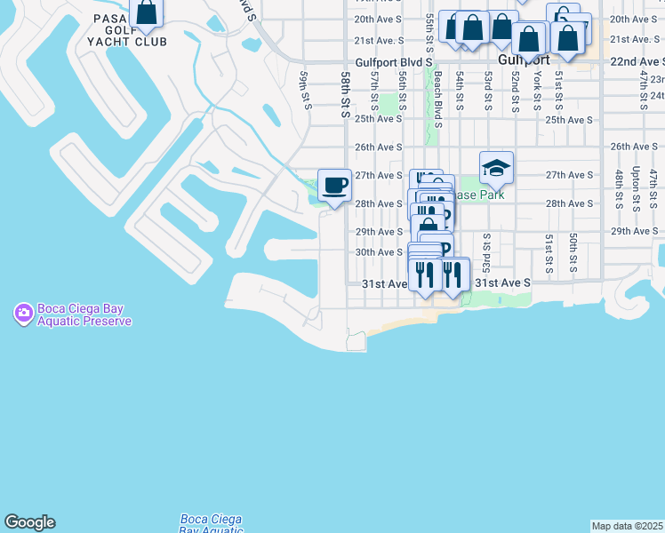 map of restaurants, bars, coffee shops, grocery stores, and more near 3010 59th Street South in Gulfport