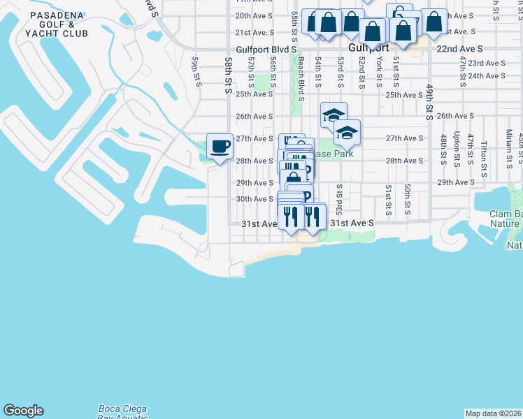 map of restaurants, bars, coffee shops, grocery stores, and more near 3020 57th Street South in Gulfport