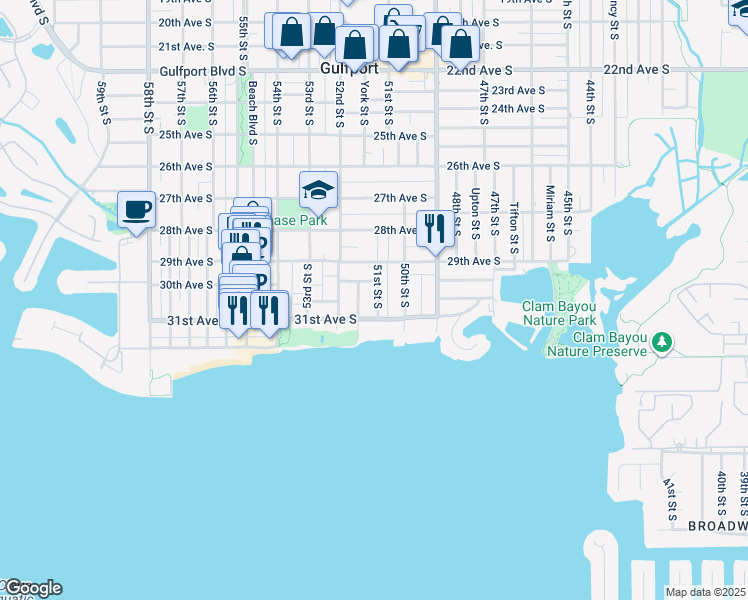 map of restaurants, bars, coffee shops, grocery stores, and more near 3025 51st Street South in Gulfport