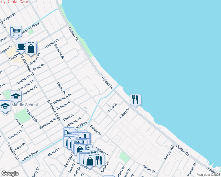 map of restaurants, bars, coffee shops, grocery stores, and more near 4213 Ocean Drive in Corpus Christi