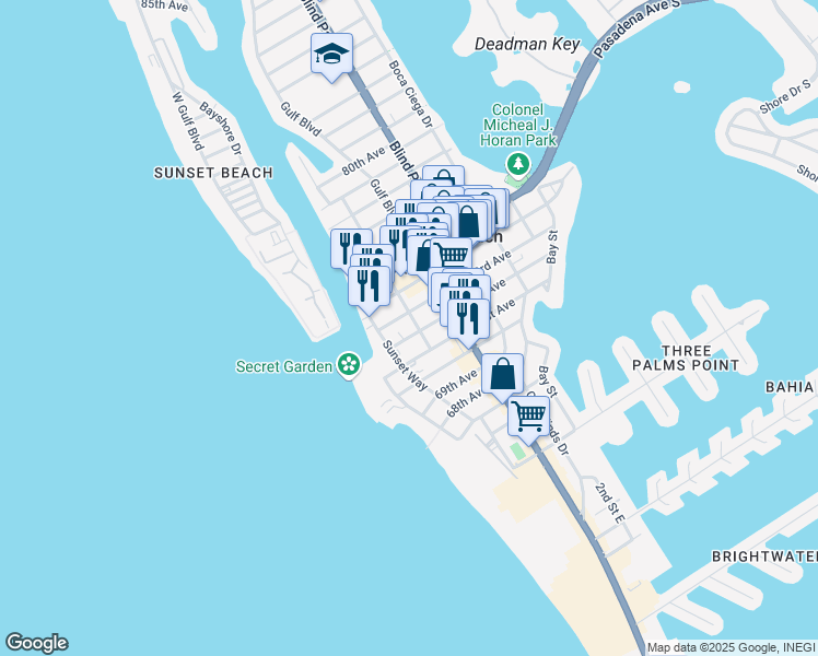 map of restaurants, bars, coffee shops, grocery stores, and more near 605 72nd Avenue in St. Pete Beach