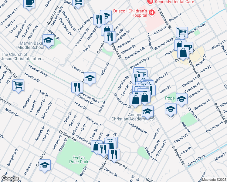 map of restaurants, bars, coffee shops, grocery stores, and more near 4034 Brawner Parkway in Corpus Christi