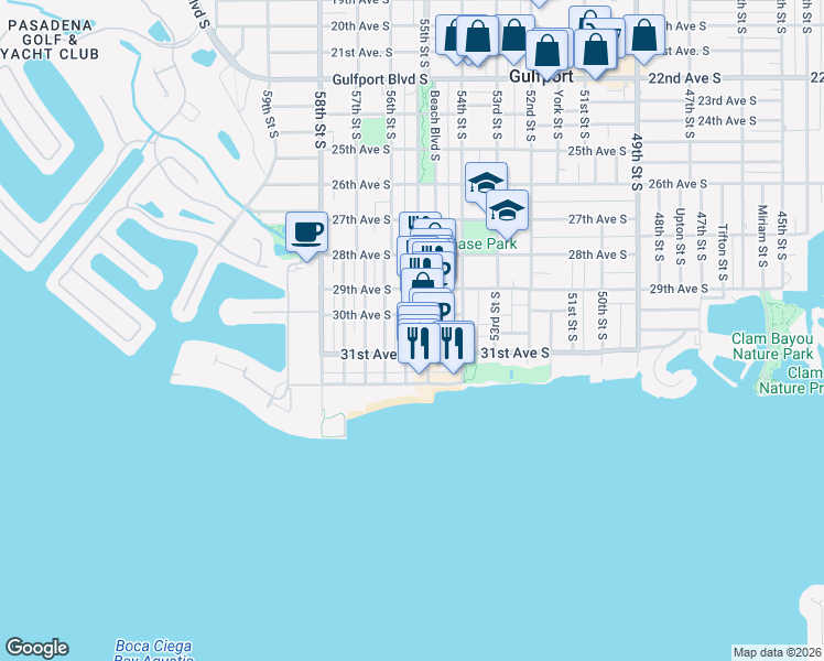 map of restaurants, bars, coffee shops, grocery stores, and more near 3032 56th Street South in Gulfport