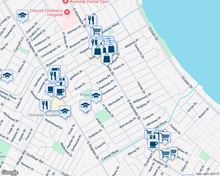 map of restaurants, bars, coffee shops, grocery stores, and more near 522 Pasadena Place in Corpus Christi