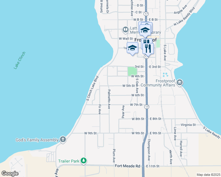 map of restaurants, bars, coffee shops, grocery stores, and more near 329 West 5th Street in Frostproof