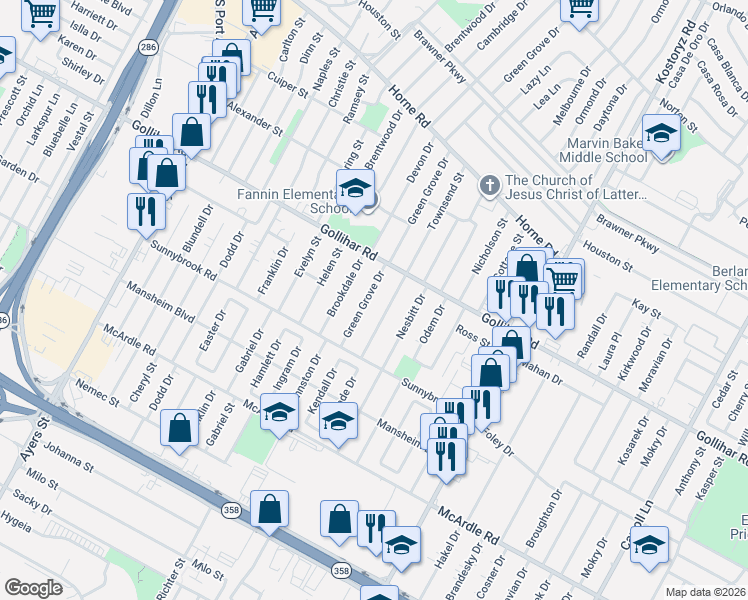 map of restaurants, bars, coffee shops, grocery stores, and more near 4533 Townsend Street in Corpus Christi