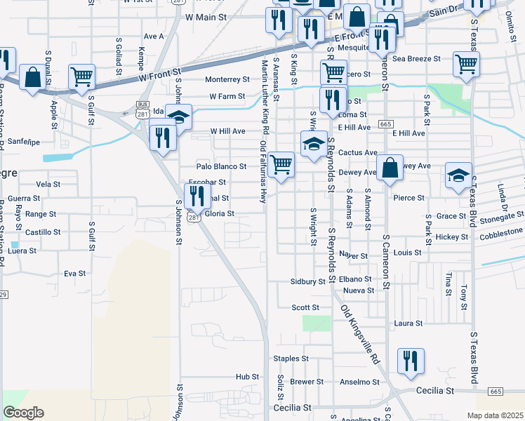 map of restaurants, bars, coffee shops, grocery stores, and more near 100 Gloria Street in Alice