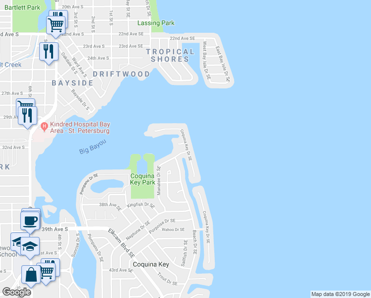 map of restaurants, bars, coffee shops, grocery stores, and more near 3401 Manatee Drive Southeast in Saint Petersburg