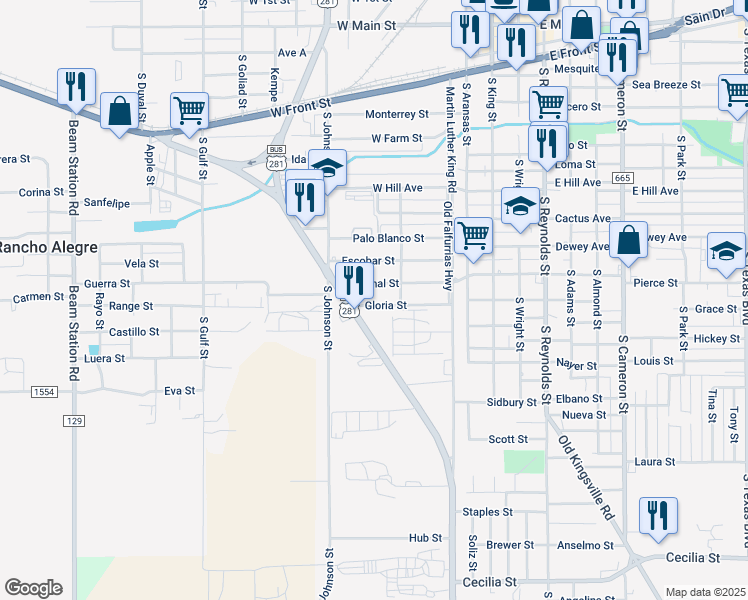 map of restaurants, bars, coffee shops, grocery stores, and more near 402 Gloria Street in Alice