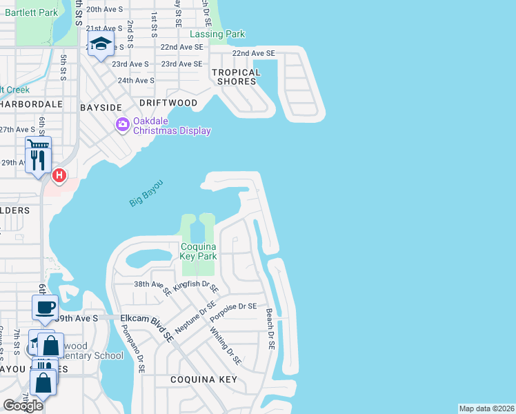 map of restaurants, bars, coffee shops, grocery stores, and more near 3401 Manatee Drive Southeast in Saint Petersburg
