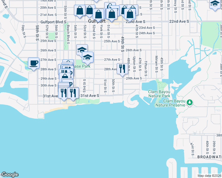 map of restaurants, bars, coffee shops, grocery stores, and more near 3030 50th Street South in Gulfport