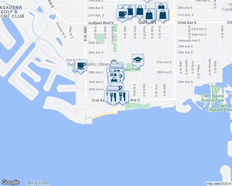 map of restaurants, bars, coffee shops, grocery stores, and more near 3032 56th Street South in Gulfport