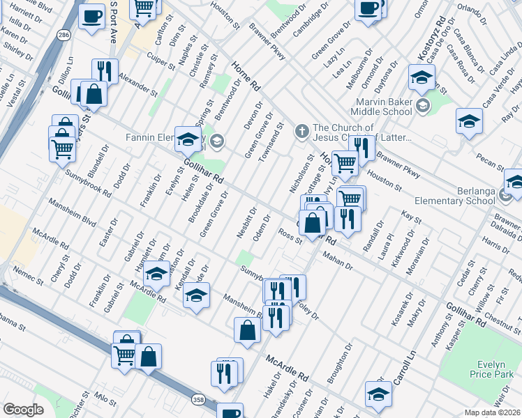 map of restaurants, bars, coffee shops, grocery stores, and more near 4521 Nesbitt Drive in Corpus Christi