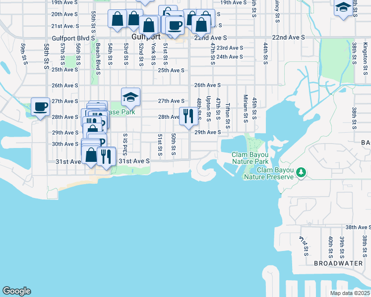 map of restaurants, bars, coffee shops, grocery stores, and more near 4824 Del Rio Way South in Gulfport