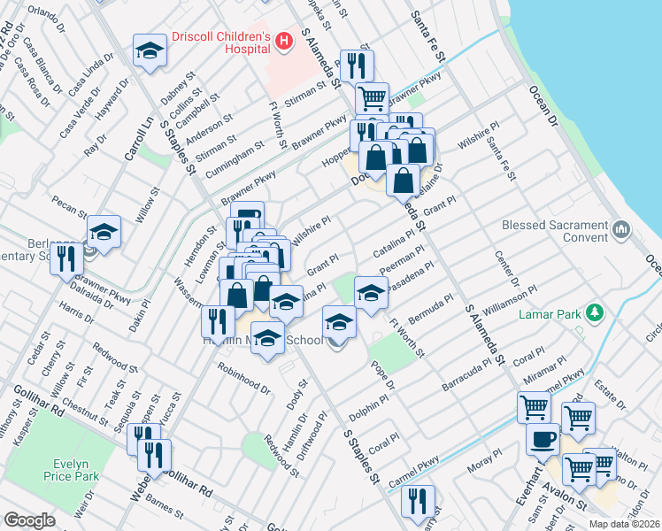 map of restaurants, bars, coffee shops, grocery stores, and more near 937 Grant Place in Corpus Christi