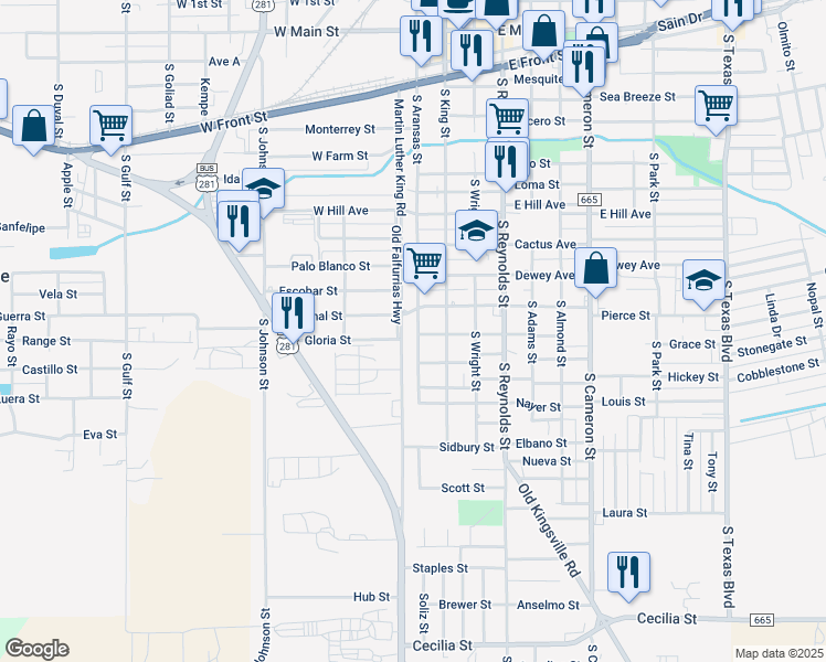 map of restaurants, bars, coffee shops, grocery stores, and more near 100 Gloria Street in Alice