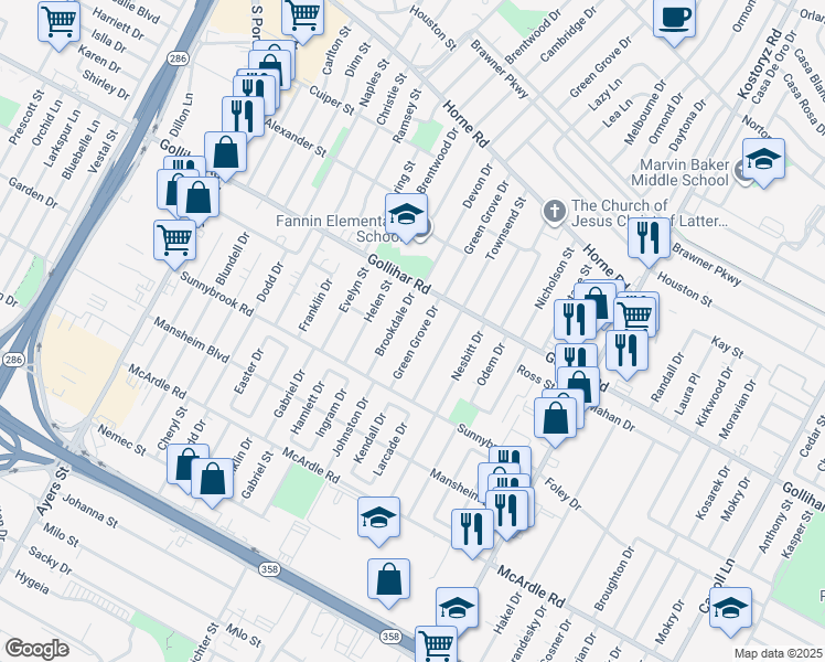 map of restaurants, bars, coffee shops, grocery stores, and more near 4614 Brookdale Drive in Corpus Christi