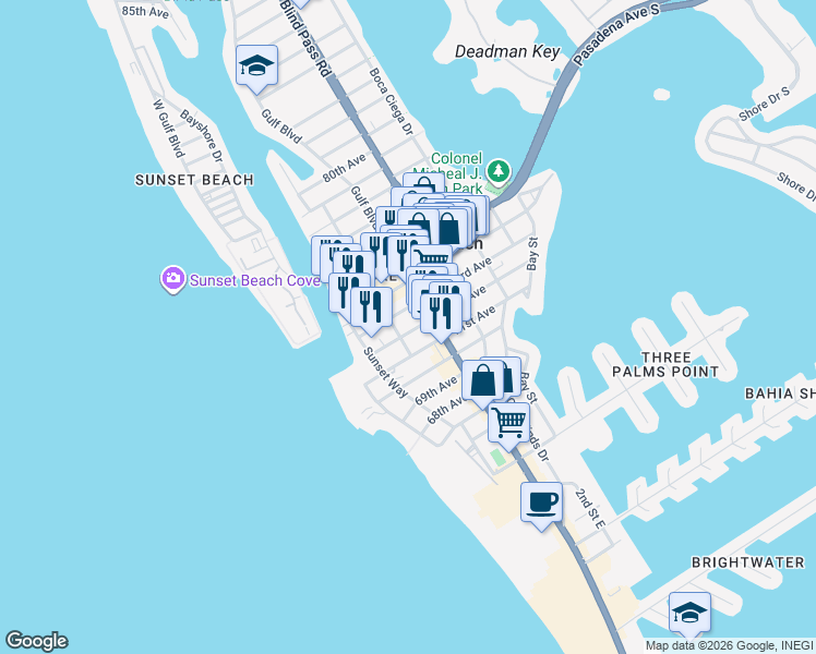 map of restaurants, bars, coffee shops, grocery stores, and more near 605 72nd Avenue in St. Pete Beach