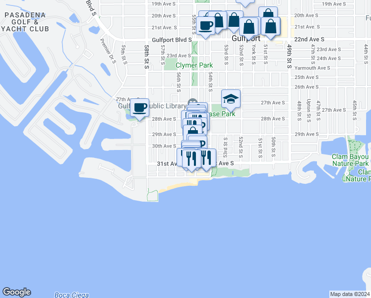 map of restaurants, bars, coffee shops, grocery stores, and more near 3032 56th Street South in Gulfport