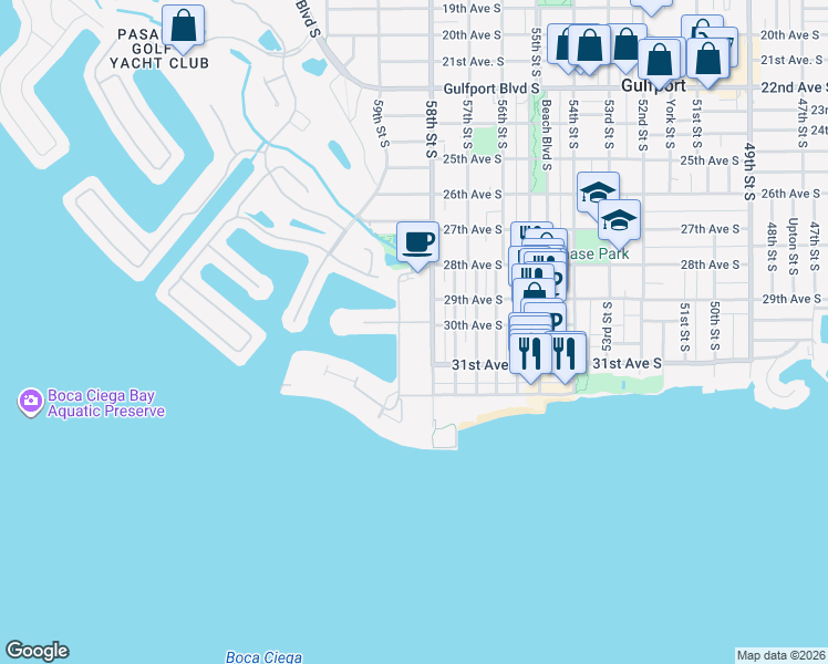 map of restaurants, bars, coffee shops, grocery stores, and more near 3010 59th Street South in Gulfport