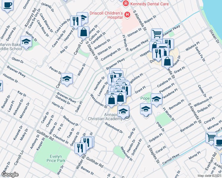 map of restaurants, bars, coffee shops, grocery stores, and more near 3908 Cott Street in Corpus Christi